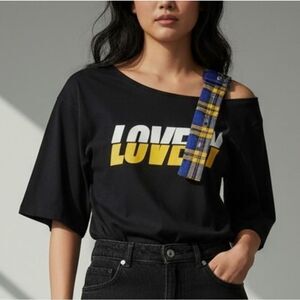 Black and Yellow Plaid Belt Strap Graphic Shirt